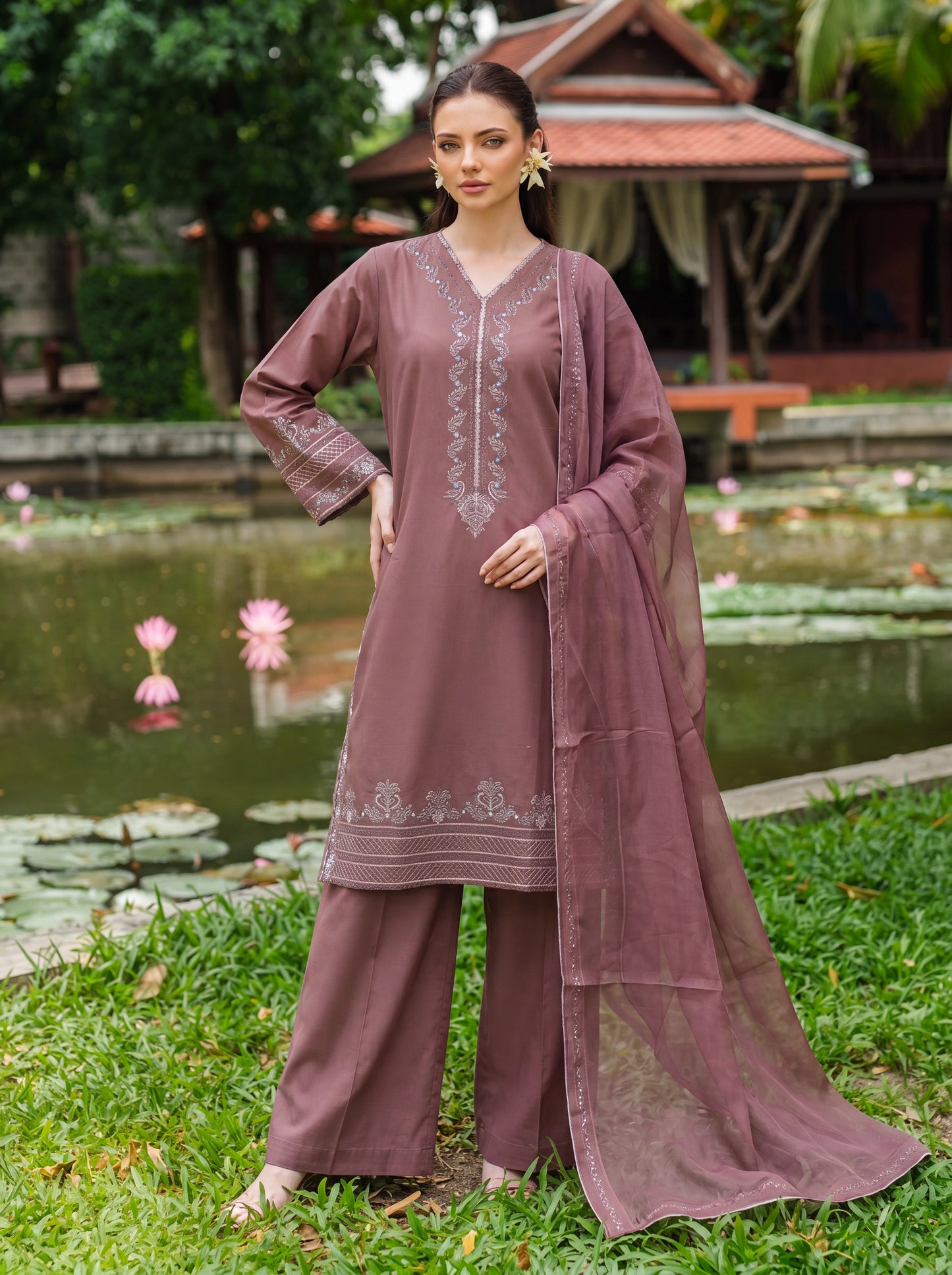 Dusty Mauve Cross-Stitch Embroidered 3 Piece Suit