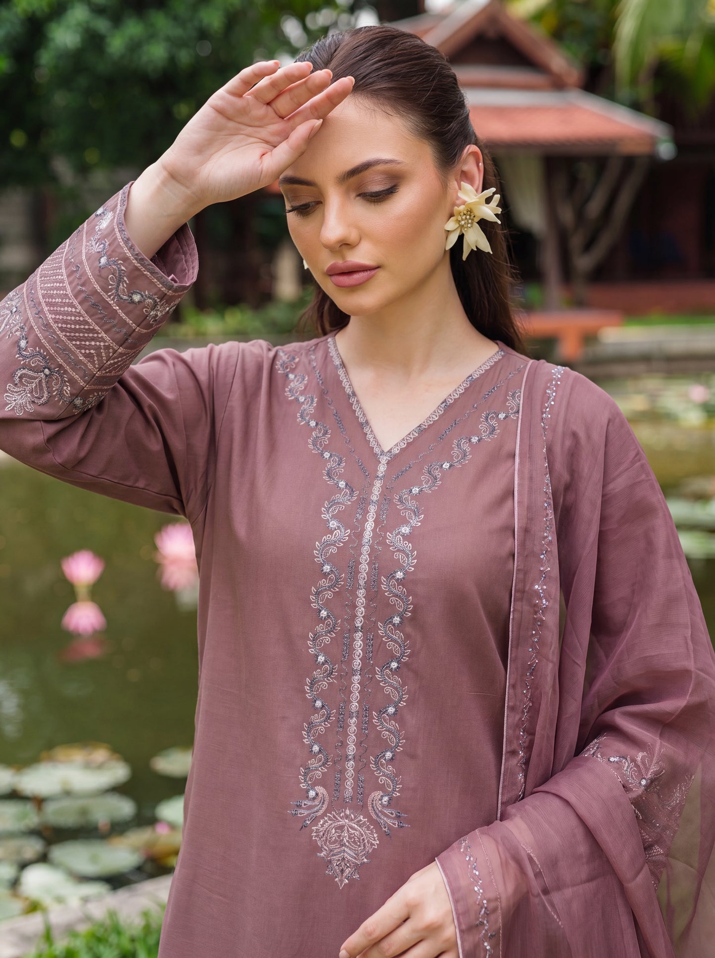 Dusty Mauve Cross-Stitch Embroidered 3 Piece Suit