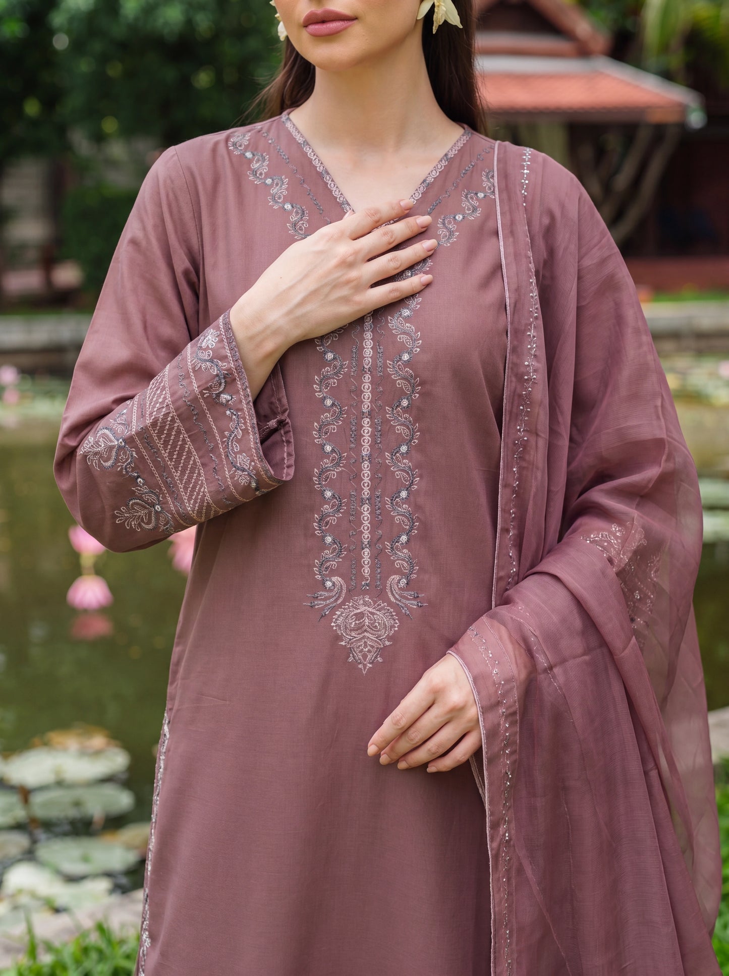 Dusty Mauve Cross-Stitch Embroidered 3 Piece Suit