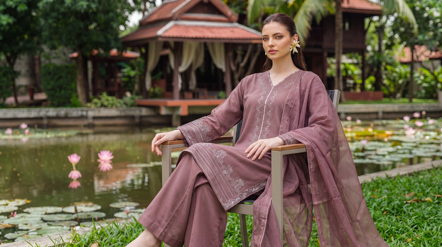 Dusty Mauve Cross-Stitch Embroidered 3 Piece Suit