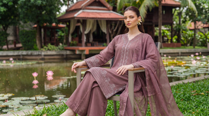 Dusty Mauve Cross-Stitch Embroidered 3 Piece Suit