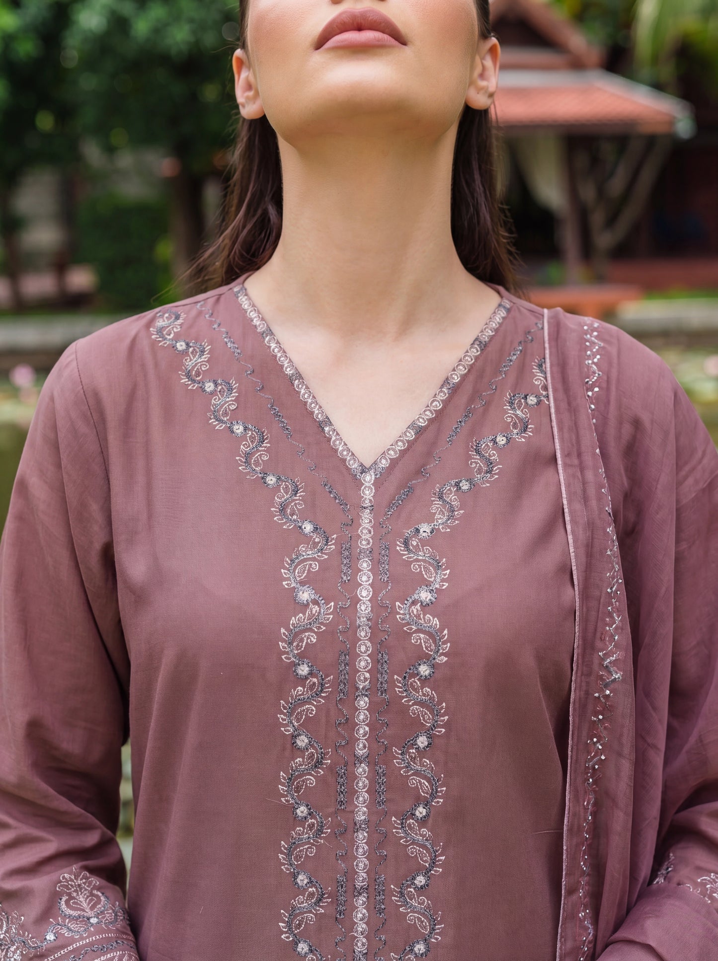 Dusty Mauve Cross-Stitch Embroidered 3 Piece Suit