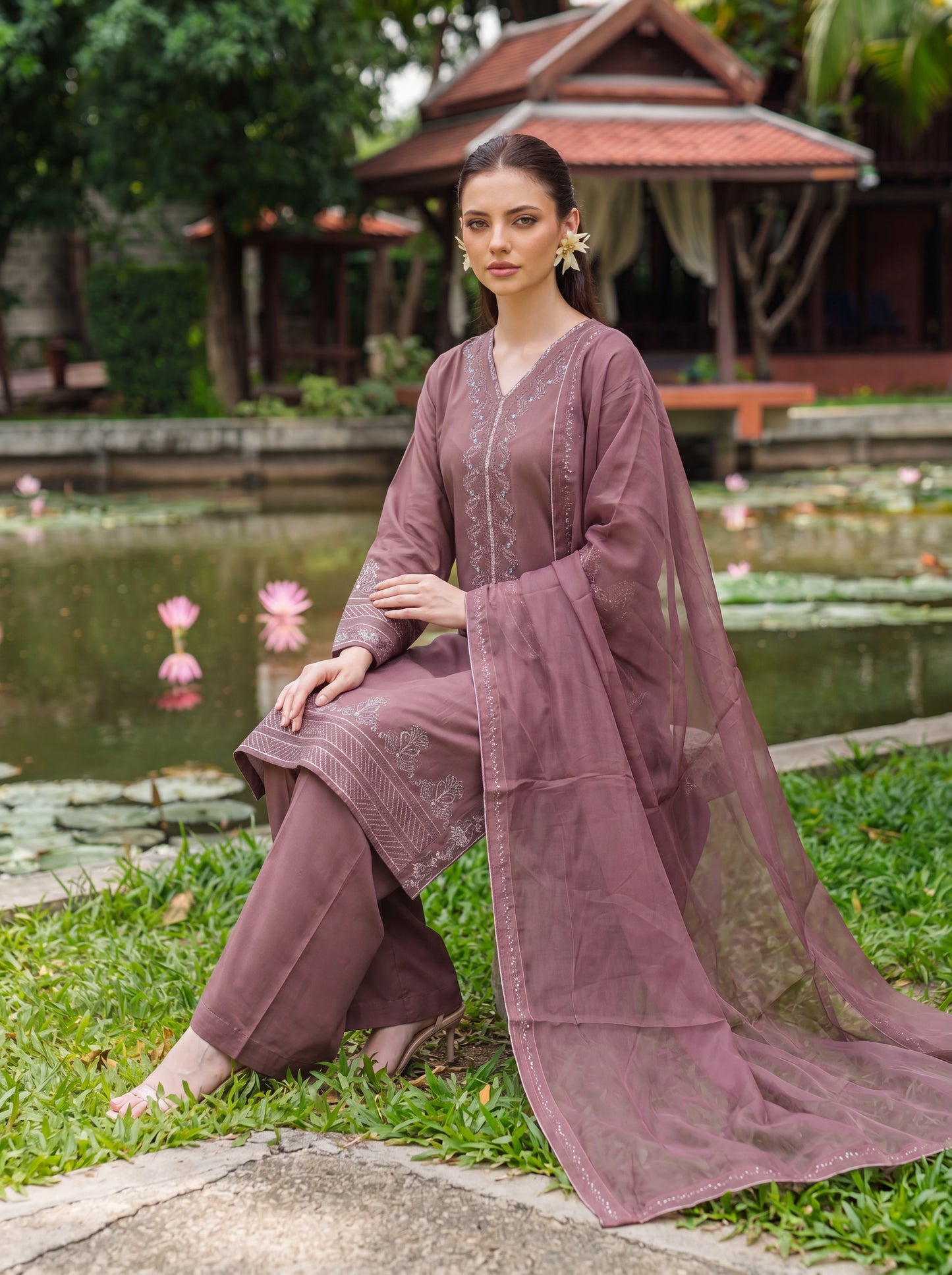Dusty Mauve Cross-Stitch Embroidered 3 Piece Suit